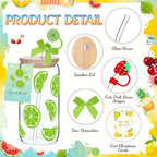 Vesici 6 Set Summer Glass Cups 16 oz Lemon Watermelon Lime Cherry Drinking Tumbler with Lid Straw and Stopper Can Shaped Juice Cup Appreciation Gifts with Cards and Bow for Summer Party Favor Decor - Image 3