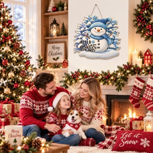 Christmas Snowman Decorations Hello Winter Hanging Wooden Door Sign - Image 5