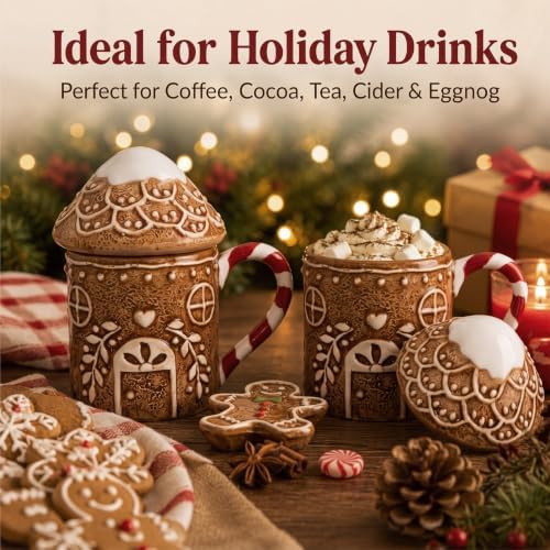 Potchen 2 Pcs Christmas Ceramic Gingerbread House Mugs with Lids - Image 6