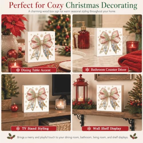 Pink Christmas Decor, Christian Christmas Decorations Indoor, Glitter Bow Nativity Scene Snowflake Sign Gift for Women Friends, Rustic Wooden Box Sign for Home Office Bedroom Desk Decor 5x5 Inches - Image 5