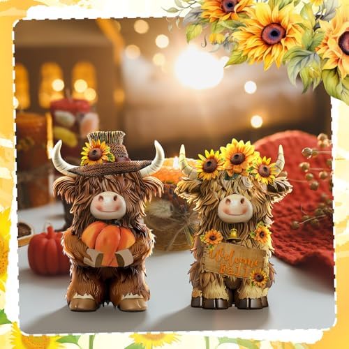 2 Pack Fall Highland Cow Figurines Decor, Resin Fall Table Decor - Image 5