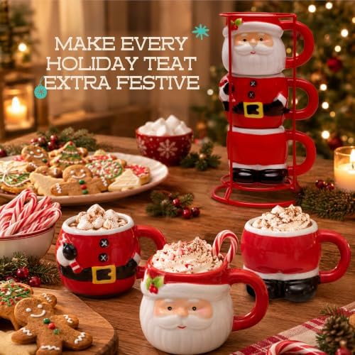 Santa Claus Stacking Ceramic Mug Set with Metal Rack - Image 4