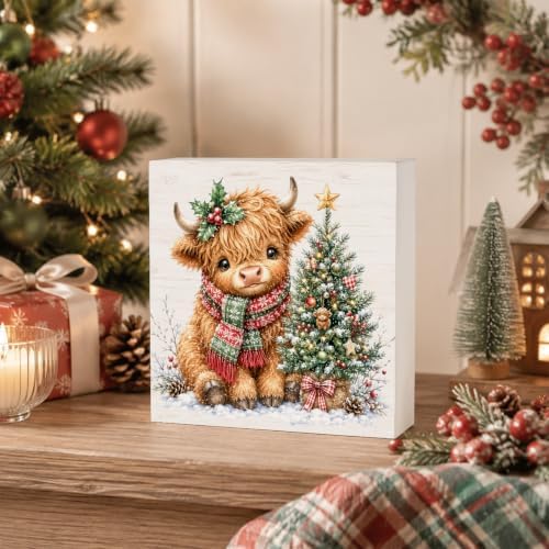 Highland Cow Christmas Decor, Cute Christmas Tree Decor Wooden Box Sign - Image 5