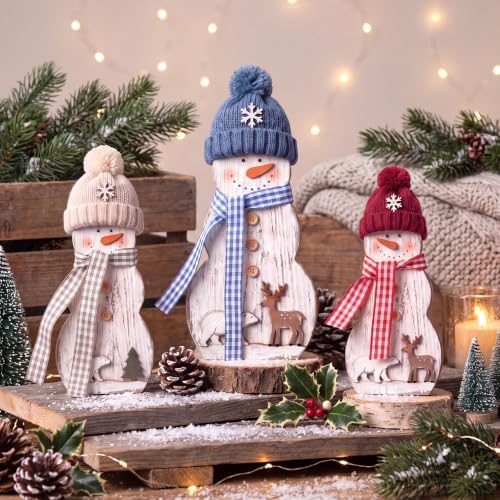Suzile 3 Pcs Christmas Snowman Decoration Rustic Wooden Winter Indoor Decor - Image 2
