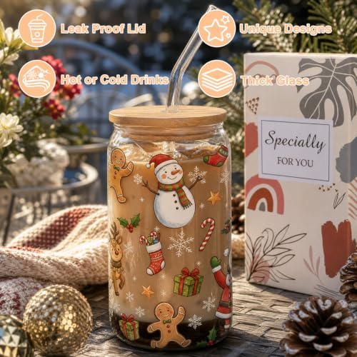 Christmas Glass Cups with Lid and Straw Xmas Winter Holiday Gifts - Image 4