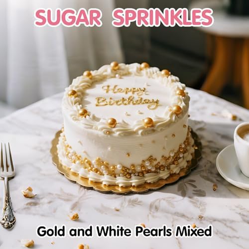 Edible Pearl Sprinkles for Cake Decorating,Christmas White Gold Pearls Mix - Image 3