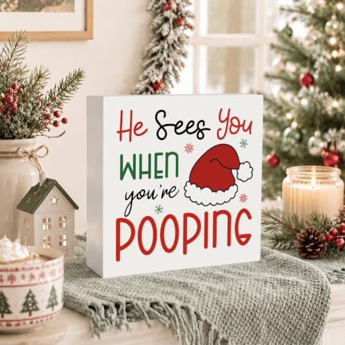 Christmas Bathroom Decor, Funny Santa Hat Christmas Decor Wooden Box Sign - Image 4