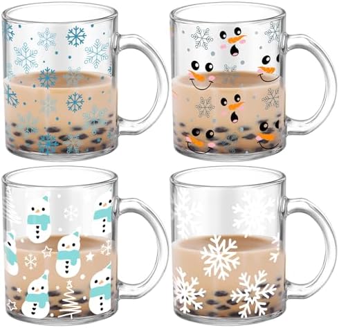 Tioncy 4 Pcs Christmas Snowman Glass Mugs, 12 oz Winter Coffee Cups by Tioncy