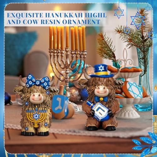 2 Pcs Hanukkah Highland Cow Figurines Decor, Blue Hanukkah Style - Image 5