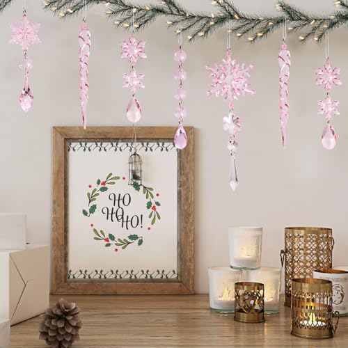 Crystal Christmas Tree Ornaments, Pink Acrylic Snowflake & Icicle, 32pcs - Image 5
