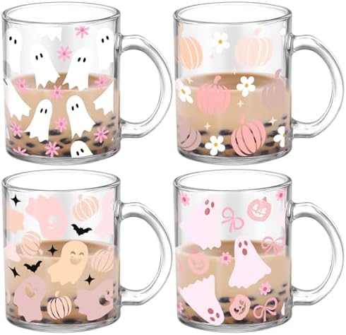 Tioncy 4 Pcs Halloween Coffee Mugs 12 oz Cute Pink Ghost Glass Cups by Tioncy