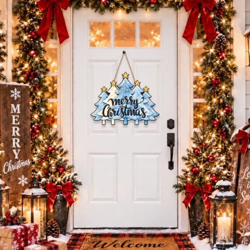 Christmas Decorations Blue White Christmas Tree Merry Christmas Wood Sign - Image 2
