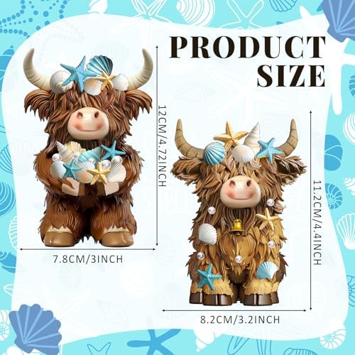 2 Pcs Coastal Highland Cow Figurines Decor, Beach Ocean Style - Image 3