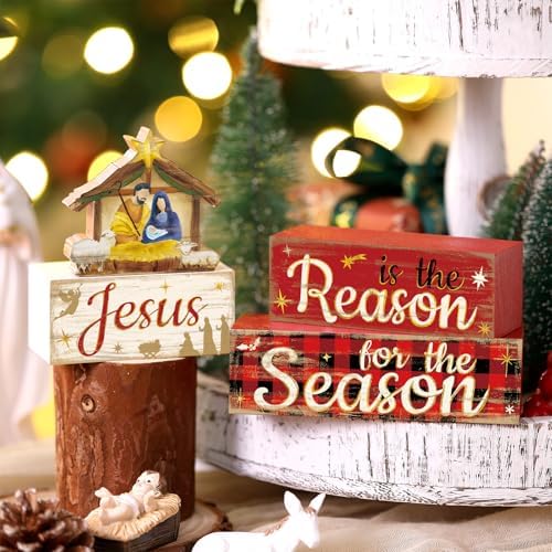 Moucuny 4 Pcs Christmas Nativity Table Decorations Xmas Jesus Block Signs - Image 2