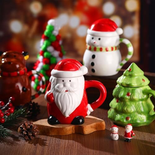 Baderke 4 Set Christmas Mugs with Lid 14 oz Santa Snowman Reindeer Tree - Image 2
