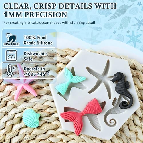 HKNMTT Marine Themed Silicone Mold for Polymer Clay Fondant, Seashell Mermaid Tail Starfish Ocean Seahorse Air Dry Clay Craft Cake Decor Wax Melt Chocolate Candy Mould DIY Cupcake Toppers BPA Free - Image 2