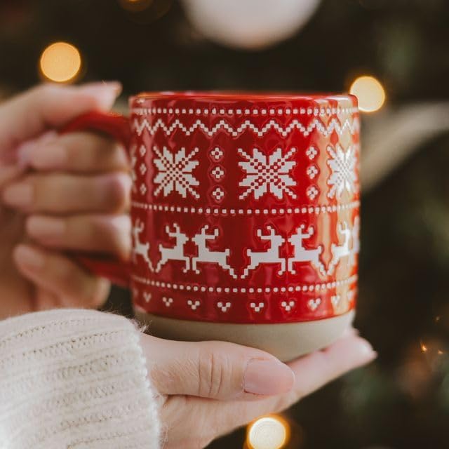 Sweet Water Decor Red Fair Isle Coffee Mug, 14oz Stoneware Christmas Cup - Image 3