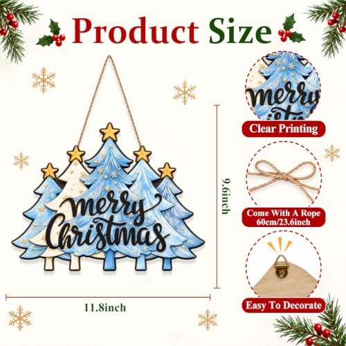 Christmas Decorations Blue White Christmas Tree Merry Christmas Wood Sign - Image 3