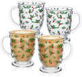 FoldTier Set of 4 Christmas Glass Coffee Mugs 12 oz Clear Holly Leaf and Berry Coffee Cups with Handle Thick Base Xmas Glass Mugs for Christmas Winter Holiday Milk Hot Cocoa Party Decor by FoldTier