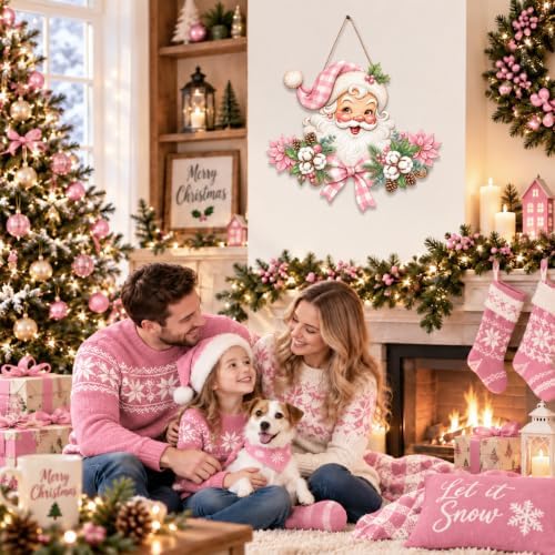 Christmas Decorations Pink Vintage Santa Hanging Wooden Sign for Front Door - Image 5