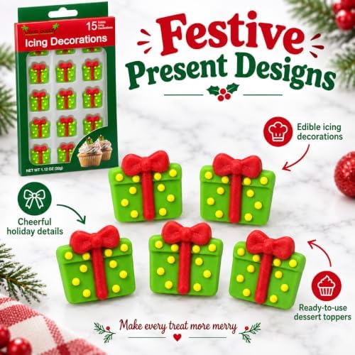 Oasis Supply Christmas Presents Edible Icing Decorations – 15 Count – Green Gift Box Cake & Cupcake Toppers for Cookies, Cakes, Cupcakes & Holiday Desserts - Image 3