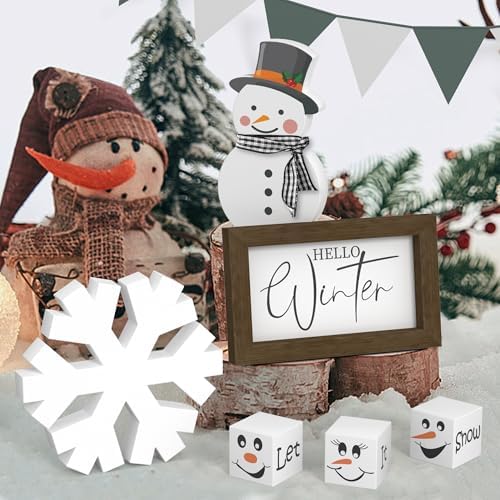 Christmas/Winter Tiered Tray Decor, 6 Pcs Hello Winter Snowflake Snowman Table Signs Let It Snow Wooden Signs for Home Kitchen Office - Image 6