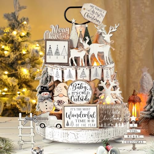 Shellwei 20 Pcs Neutral Christmas Tiered Tray Decor, Winter Farmhouse Signs - Image 2