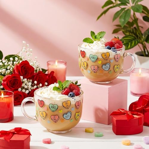 Sliner 6 Pcs Valentines Day Candy Heart Glass Coffee Mugs with Handle, 16 oz Clear Love Conversation Coffee Mugs Irish Glasses Cups for Valentine Gifts Beverages Latte Hot Chocolate(Conversation) - Image 3