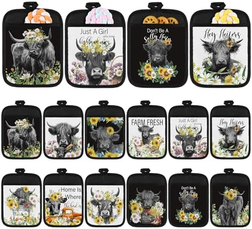 Jingmore 12 Pcs Christmas Highland Cattle Pot Holders with Pocket Gift Bulk by Jingmore