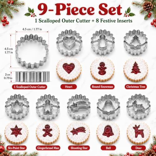 Crethinkaty 9 Pcs Mini Christmas Linzer Cookie Cutters Set, Stainless Steel Cookie Cutters, Christmas Tree, Gingerbread Man, Snowman, Elk - for Christmas Winter Holiday Baking - Image 2