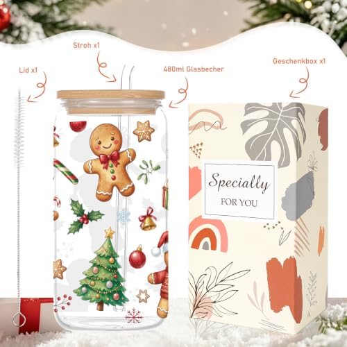Christmas Gingerbread Glass Cup with Lid Straw Xmas Holiday Gifts - Image 2