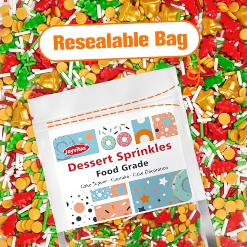 Edible Jimmies Sprinkles for Cake Decorating, 150g/5.29oz, Green & Red Tree Sprinkles, Gold Bell Yellow Nonpareils & White Sugar Mix, Cookies Cupcake Decorations, Baking Party Birthday Supplies - Image 7