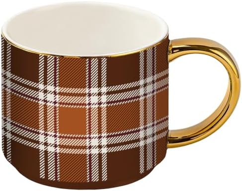 Sweet Water Decor Brown Plaid Mug with Gold Handle, 14oz Fine Bone China Coffee Cup for Tea, Latte, or Hot Cider, Cozy Fall Drinkware, Housewarming & Hostess Gift for Autumn and Thanksgiving by SweetWaterDecor