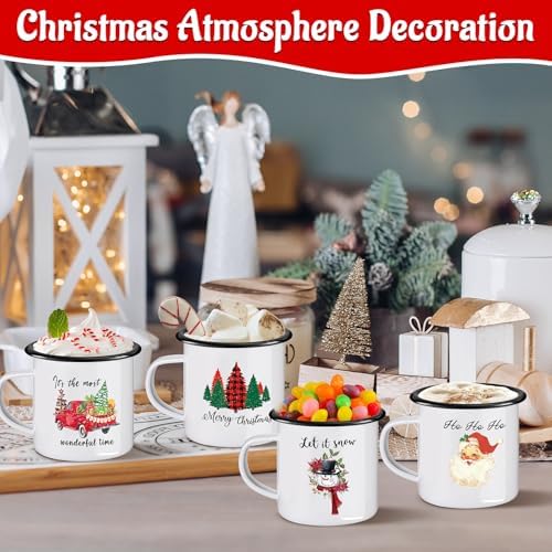 Christmas Enamel Mug Set of 4, 12 oz Christmas Coffee Mugs Hot Chocolate Mug Set Santa Claus Holiday Mugs Set Stocking Stuffer Gift for Kids Women Friends Coworkers Family(Classic Style) - Image 5