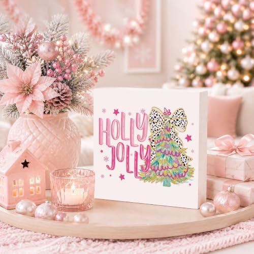 Pink Christmas Decor, Christmas Decorations Indoor, Glitter Bow Flower Xmas Tree Snowflake Holly Jolly Sign Gift for Women Friends, Rustic Wooden Box Sign for Home Office Bedroom Desk Decor 5x5 Inches - Image 3