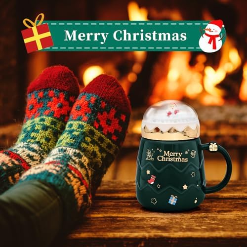 17.6 oz Christmas Mug with Winter Snow Globes Lid Decorations, Large Cute Festive Ceramic Coffee Cup, Winter Xmas Holiday Birthday Tabletop Drinkware Gifts for Adults Kids Men Women (Green) - Image 6