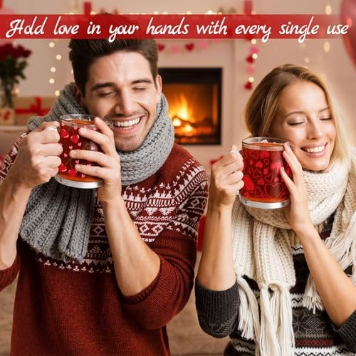 Bokon 4 Pcs Valentine Glass Coffee Mugs, 12 oz, Red Heart - Image 6