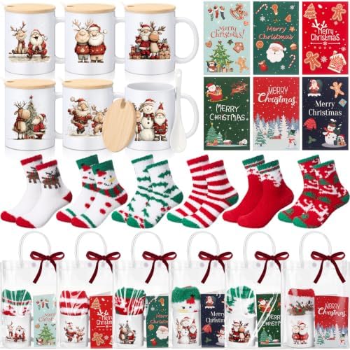 Meanplan 6 Set Christmas Mugs Gift Bulk, Fuzzy Socks Cards Bags, Classic by Meanplan