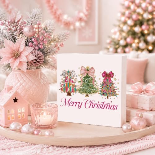 Pink Christmas Decor, Christmas Decorations Indoor, Glitter Bow Xmas Tree Snowflake Merry Sign Gift for Women Friends, Rustic Wooden Box Sign for Home Office Bedroom Desk Decor 5x5 Inches - Image 3