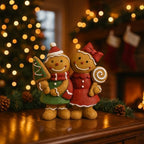 Christmas Gingerbread Couple Resin Figurine – Hand-Painted Holiday Décor, Boy with Tree Cookie & Girl with Bow and Swirl Lollipop, Tabletop/Mantel Accent (Brown Gingerbread) - Image 2