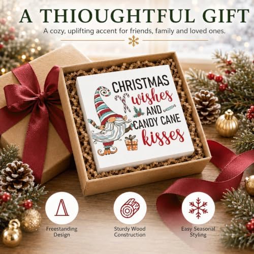 Christmas Wishes and Candy Cane Kisses Sign, Gnome Wood Box Shelf Decor - Image 6