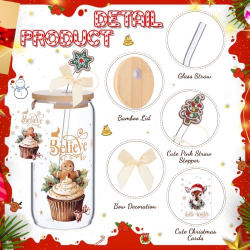 Vesici 6 Set Christmas Glasses Cups 16 oz Xmas Drink Cup with Lid Straw and Stopper Can Shaped Beer Tumbler Christmas Appreciation Gifts with Cards and Bow for Women Birthday Party Favor(Vintage) - Image 4