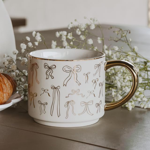 Sweet Water Decor Gold Bows Mug, 14oz Fine Bone China Coquette Tea Cup for Hot & Cold Drinks, Cute Coffee Mug with Golden Bow Patterned Design, Gold Handle & Rim, Gifts for Women - Image 5