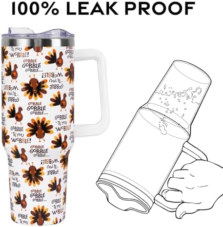 Thanksgiving Tumbler with Handle and Straw Lid 40 oz,Cute Gobble till you Wobble Turkey Gifts for Women Vacuum Insulated Leak Proof Tumbler,Winter Holiday Accessories Stainless Steel Coffee Cup Mug - Image 4