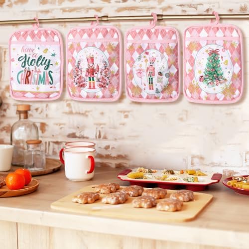 Jingmore 12 Pcs Pink Christmas Pot Holders with Pocket for Kitchen - Image 5