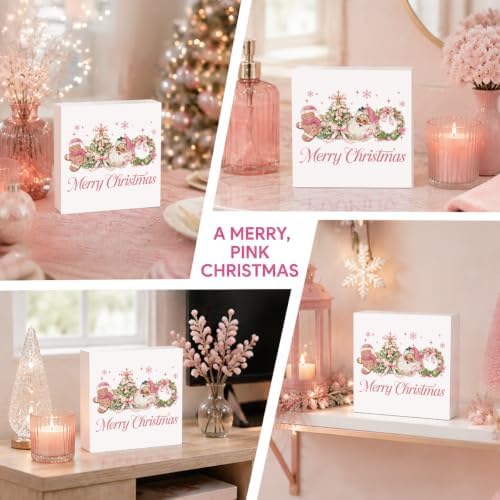 Pink Christmas Decor, Christmas Decorations Indoor, Coquette Bow Xmas Tree Santa Claus Gingerbread Sign Gift for Women Friends, Rustic Wooden Box Sign for Home Office Bedroom Desk Decor 5x5 Inches - Image 5