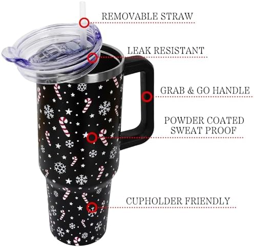 Christmas Tumbler with Handle and Straw Lid 40 oz,Cute Christmas Gifts for Women Candy Cane Snowflakes Vacuum Insulated Leak Proof Tumbler,Winter Holiday Accessories Stainless Steel Coffee Cup Mug - Image 3