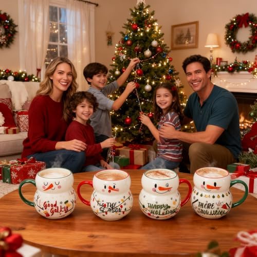 Noamus 4 Pack Christmas Mugs Set, 15oz Ceramic Snowman Coffee Cup, Stackable Holiday Xmas Tea Mug for Hot Cocoa Cold Water Milk, Housewarming Gift Home Decor, Dishwasher Microwave Safe(4 Styles) - Image 6