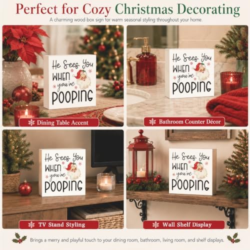 Christmas Bathroom Decor, Funny Vintage Christmas Decorations, Santa Claus Bathroom Table Decoration He Sees You When You're Pooping Wooden Box Sign, Home Shelf Desk Decor for Toilet 5x5 Inches - Image 5