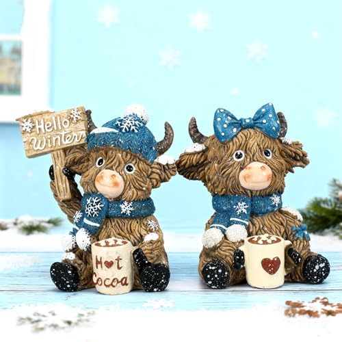 2 Pack Winter Highland Cow Figurine Decor, Resin Table Decor - Image 6